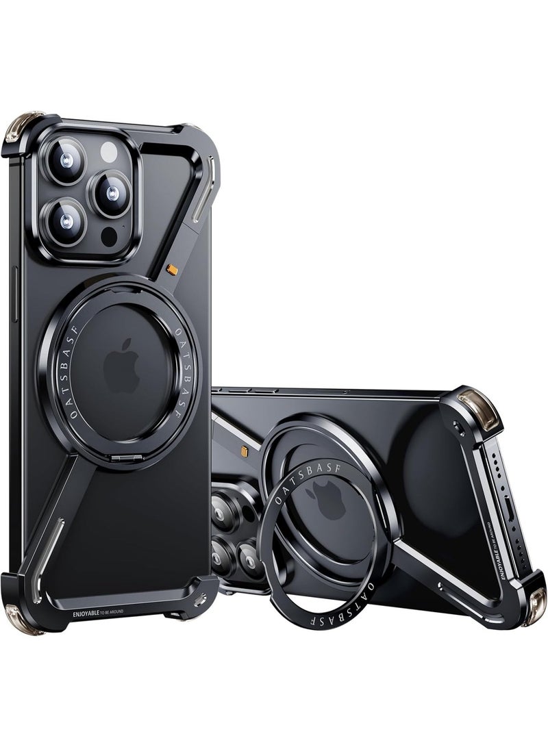 أوتس باسف جراب OATSBASF أسود لهاتف iPhone 16 Pro Max مع مسند قابل للدوران 360 درجة | جراب معدني من الألومنيوم بدون إطار | غطاء واقٍ مقاوم للصدمات - Image 1