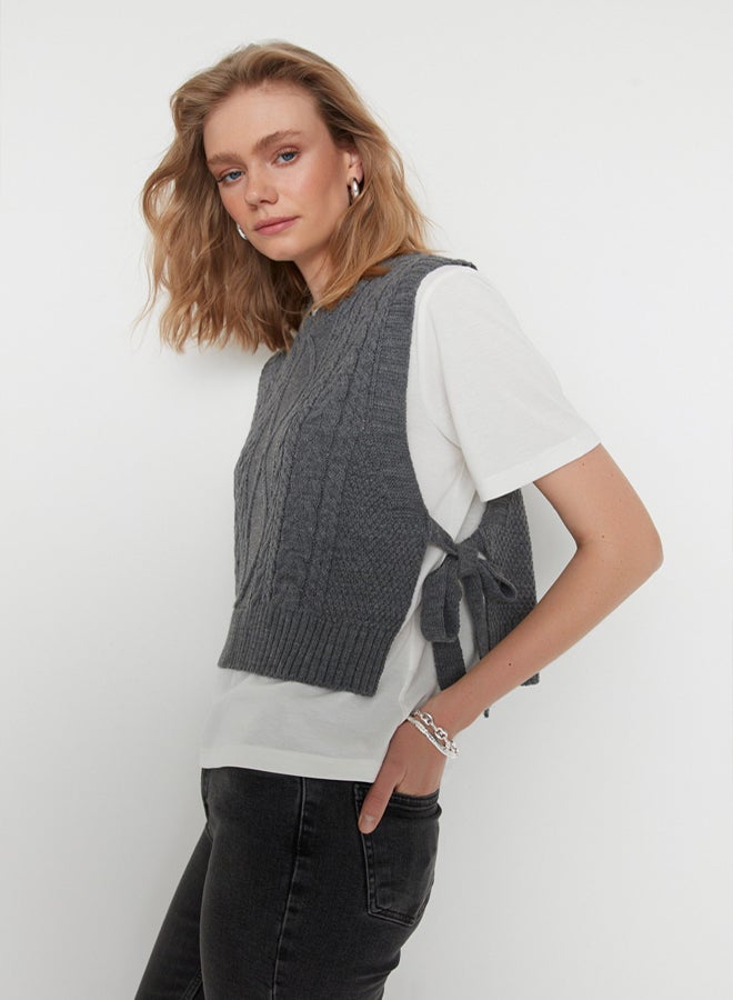 trendyol Anthracite Crop Side Ribbon/Bow Tie Detailed Knit Sweater - Image 3