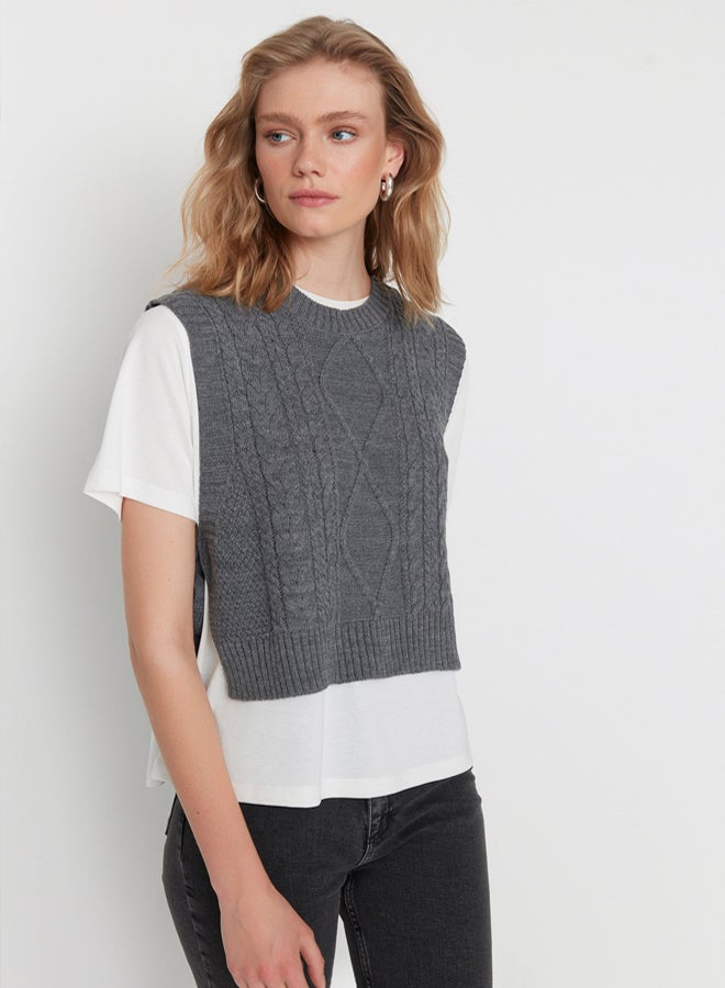 trendyol Anthracite Crop Side Ribbon/Bow Tie Detailed Knit Sweater - Image 1