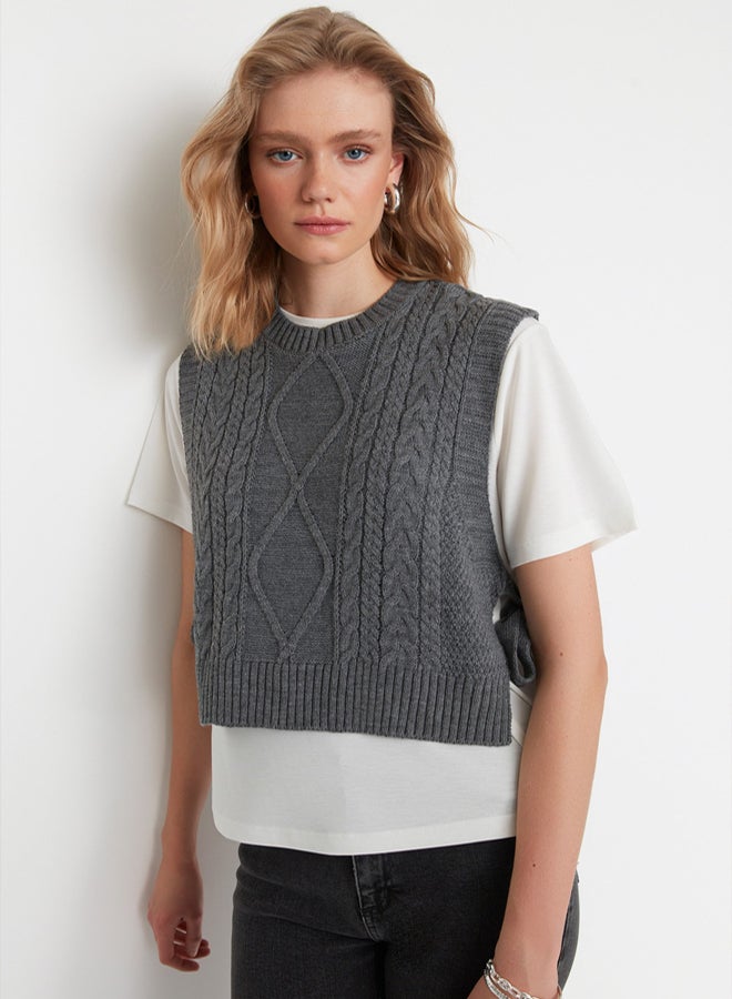 trendyol Anthracite Crop Side Ribbon/Bow Tie Detailed Knit Sweater - Image 2