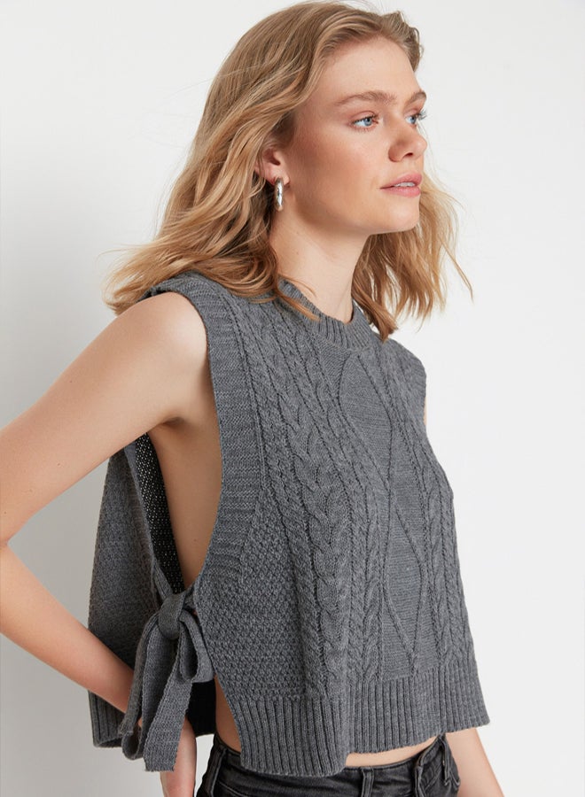 trendyol Anthracite Crop Side Ribbon/Bow Tie Detailed Knit Sweater - Image 4
