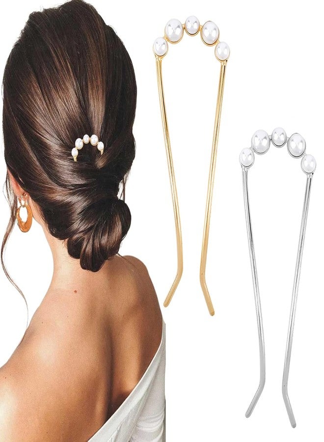 BAKEFY 2PCS French Hair Pin with Pearl, Metal Twist Hair Pins for Women Thick Fine Hair, Large French Clip Twist U Shaped Pin for Girls, Gold and Silver - Image 1