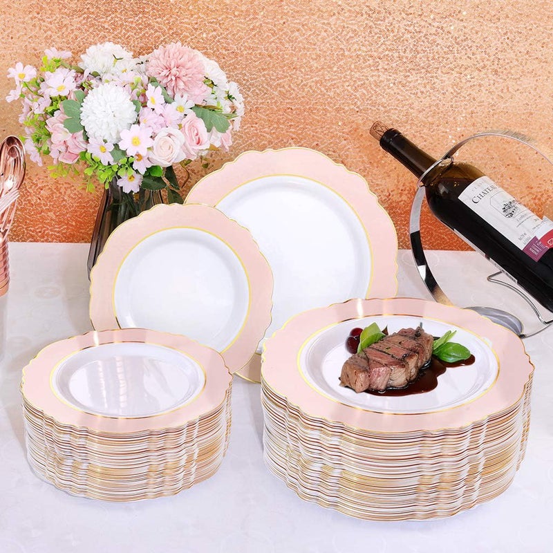 WDF 60pcs Pink Plastic Plates - 10.25inch Baroque Pink &Gold Disposable Dinner Plates for Upscale Parties &Wedding-Special for Wedding  Party  Mothers Day&Valentine's Day - Image 4
