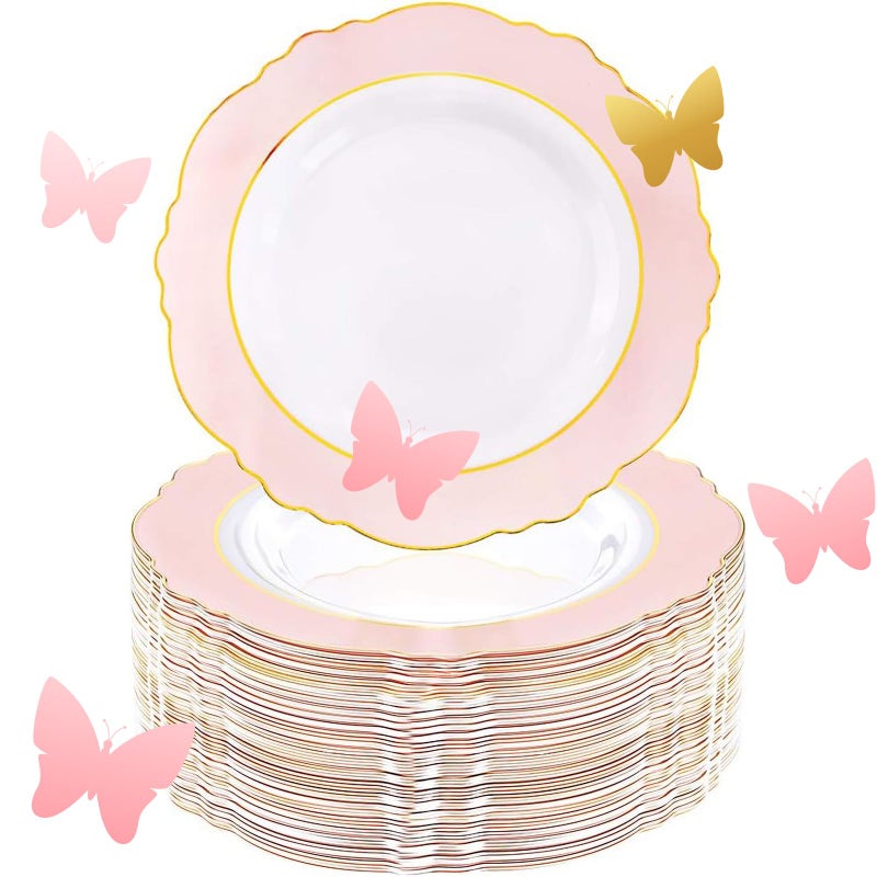 WDF 60pcs Pink Plastic Plates - 10.25inch Baroque Pink &Gold Disposable Dinner Plates for Upscale Parties &Wedding-Special for Wedding  Party  Mothers Day&Valentine's Day - Image 1