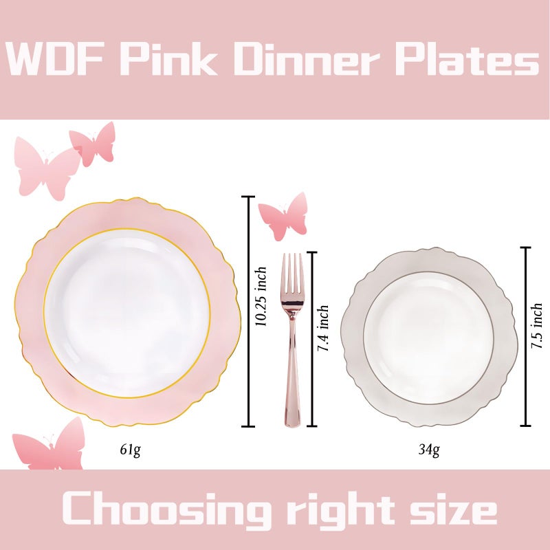 WDF 60pcs Pink Plastic Plates - 10.25inch Baroque Pink &Gold Disposable Dinner Plates for Upscale Parties &Wedding-Special for Wedding  Party  Mothers Day&Valentine's Day - Image 2