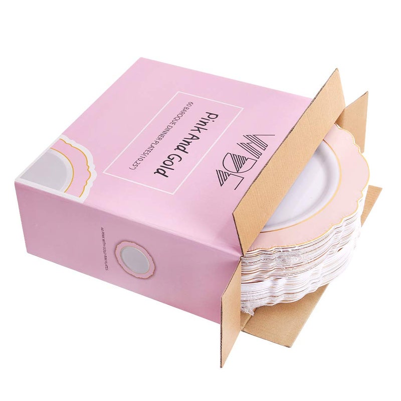 WDF 60pcs Pink Plastic Plates - 10.25inch Baroque Pink &Gold Disposable Dinner Plates for Upscale Parties &Wedding-Special for Wedding  Party  Mothers Day&Valentine's Day - Image 5