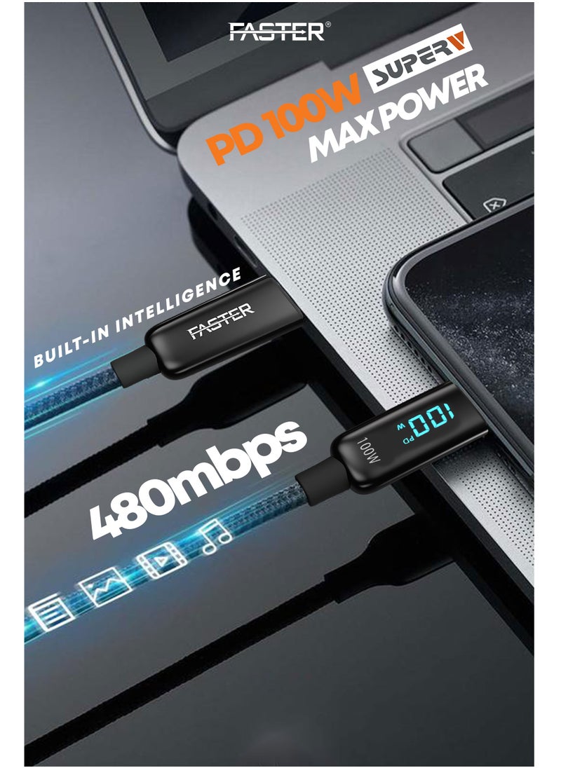 100W USB-C to C Fast Charging Cable 1 Meter with LED Display - Type-C Cable for iPhone, Android, Macbook, Laptop - Braided Long Charger Cable for PD Fast Charging - Durable and Fast Data Cable