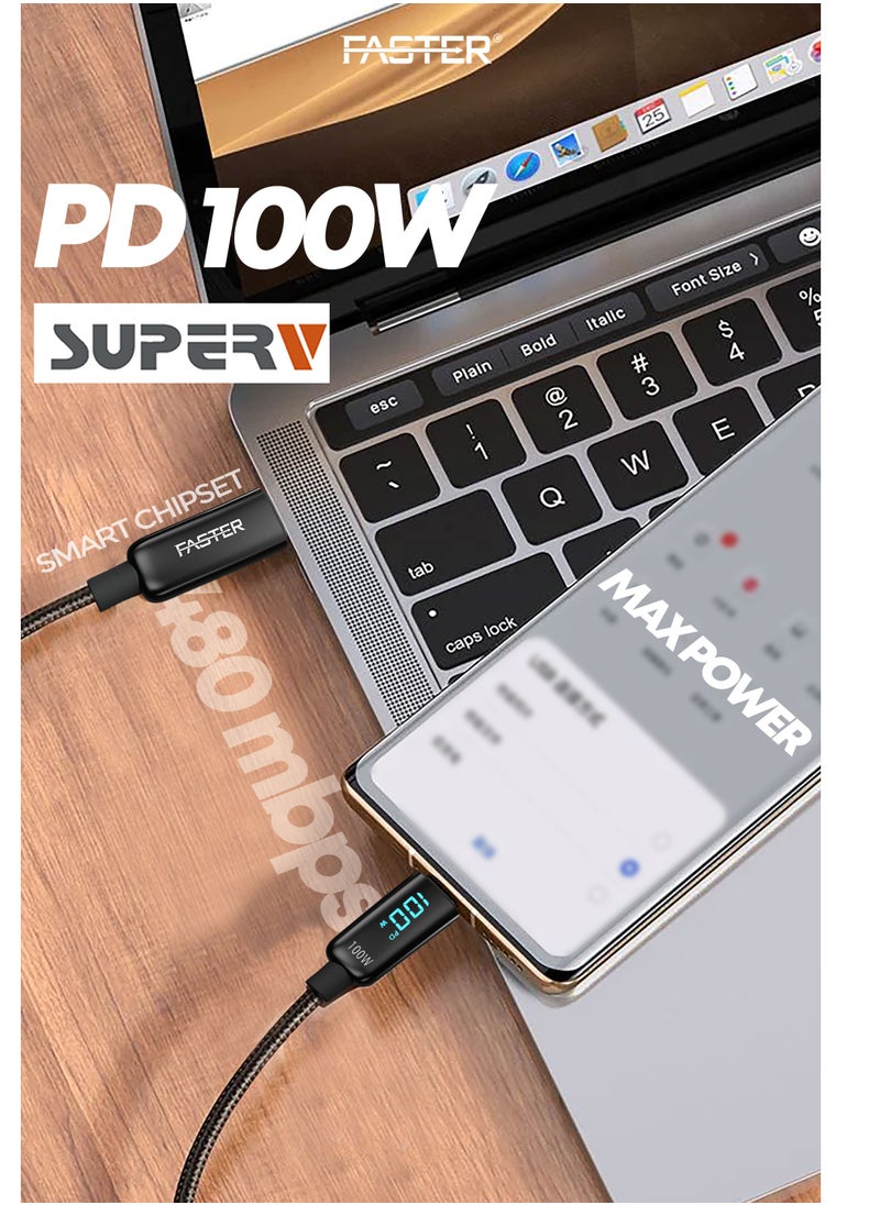 100W USB-C to C Fast Charging Cable 1 Meter with LED Display - Type-C Cable for iPhone, Android, Macbook, Laptop - Braided Long Charger Cable for PD Fast Charging - Durable and Fast Data Cable