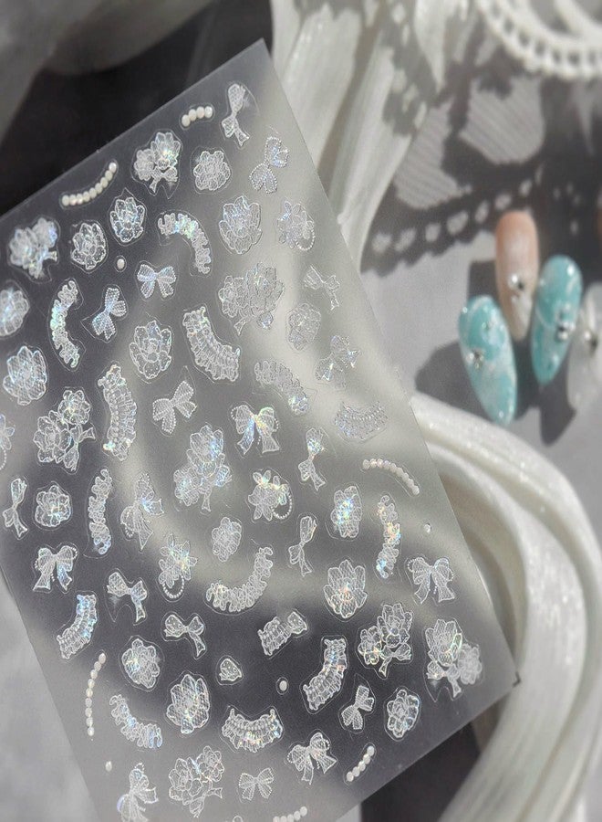 LIFOOST Shell Light Lace Flower Nail Stickers 5D Embossed Premium Salon-Quality Nail Accessories,Self-Adhesive Aurora White Bowknot Decals for DIY Manicure, Nail Art, Press on, Home or Salon - Image 1