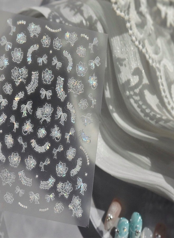 LIFOOST Shell Light Lace Flower Nail Stickers 5D Embossed Premium Salon-Quality Nail Accessories,Self-Adhesive Aurora White Bowknot Decals for DIY Manicure, Nail Art, Press on, Home or Salon - Image 4