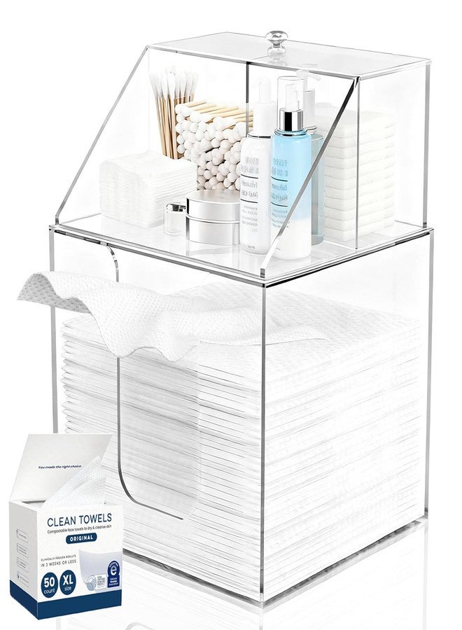 PCEEL Disposable Face Towel Storage Box Compatible with Clean Skin Club XL, 3-in-1 Detachable 2-Layer for Cleaning Accessories, Face Towel Holder for Bathroom, Vanity Makeup, Holds 50, Clear Acrylic - Image 1