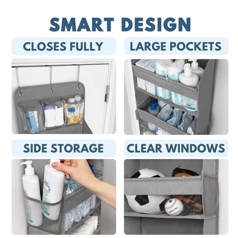 LILEKA Over The Door Organizer Hanging with 5 Large & 6 Side Pockets 5 Tier Behind Door Storage 50 lbs for Closet, Nursery, Bathroom Door Organizer, 1 Pack, Grey - Image 4
