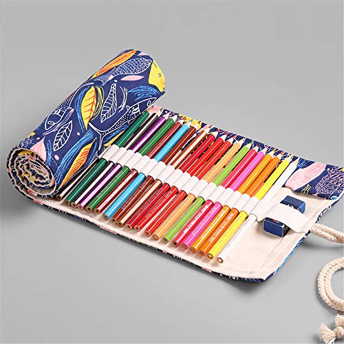 Funny live 36/48/72 Slots Colored Pencil Wrap Pencils Roll Holder Coloring Pencils Organizer Holder Colored Pen Paint Brush Storage Pouch Portable for Artist Student (Colorful fish, 72 Slots) - Image 2