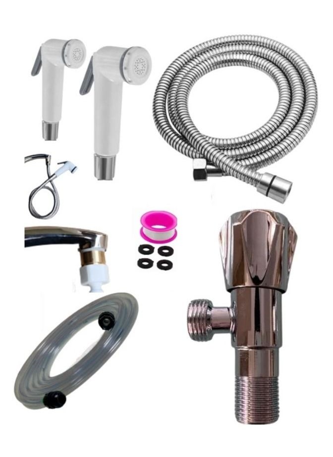 100% Professional choice Angle valve, 10 meter long hose, 1.5 meter nickel hose, 2 hand shattaf, Teflon, copper and Teflon bridge adapter  - Image 1