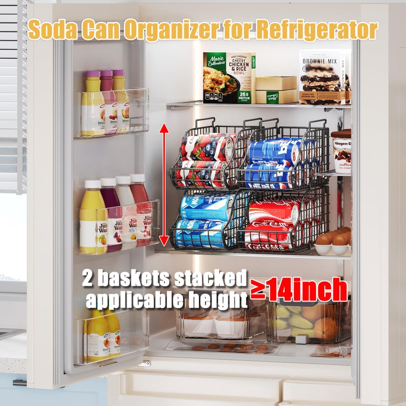 Sonyabecca 4-Pack Stackable Canned Food Organizer with Handles for Kitchen, Soda Can Organizer for Pantry Shelves, Wire Cabinet Shelf for Can Storage, Foldable Soda Dispenser, Patent Pending, Black - Image 2