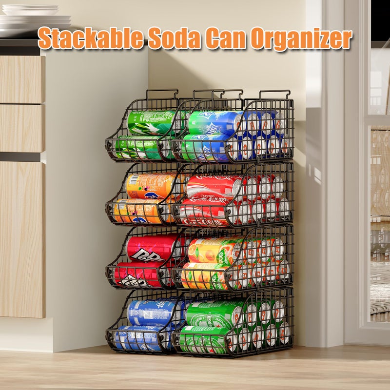 Sonyabecca 4-Pack Stackable Canned Food Organizer with Handles for Kitchen, Soda Can Organizer for Pantry Shelves, Wire Cabinet Shelf for Can Storage, Foldable Soda Dispenser, Patent Pending, Black - Image 3