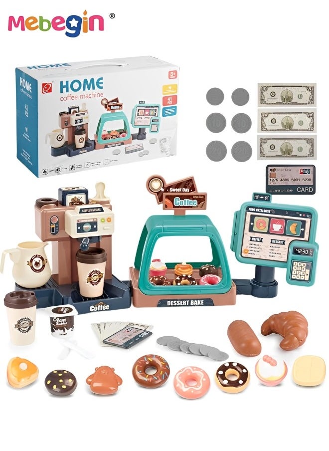 MEBEGIN 41PCS Coffee Machine Toy, Coffee Maker Machine and Cash Register Kit with Sound and Light, Realistic Coffee Shop Playset with Rich Accessaries, Fun Pretend Role Play Toy, Creative Play House Toys, Ideal Gift for Kids Aged 3+  - Image 1