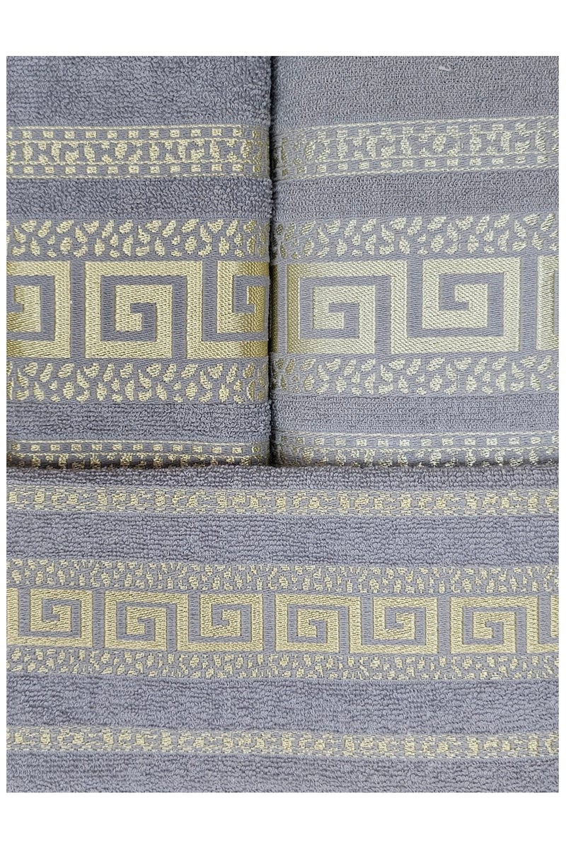 ماي فيتا طقم مناشف تركي قطني مكون من 3 قطع، خفيف الوزن، مناشف حمام ومناشف لليدين والوجه، طقم هدايا ناعم، ماص، جاهز للتقديم كهدية، طقم مناشف بتصميمات حواف من الجاكار الذهبي، رمادي/ذهبي - Image 1