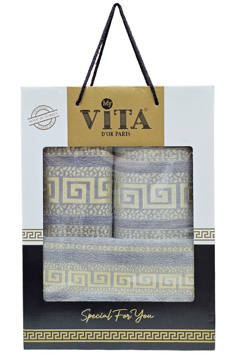 ماي فيتا طقم مناشف تركي قطني مكون من 3 قطع، خفيف الوزن، مناشف حمام ومناشف لليدين والوجه، طقم هدايا ناعم، ماص، جاهز للتقديم كهدية، طقم مناشف بتصميمات حواف من الجاكار الذهبي، رمادي/ذهبي - Image 2