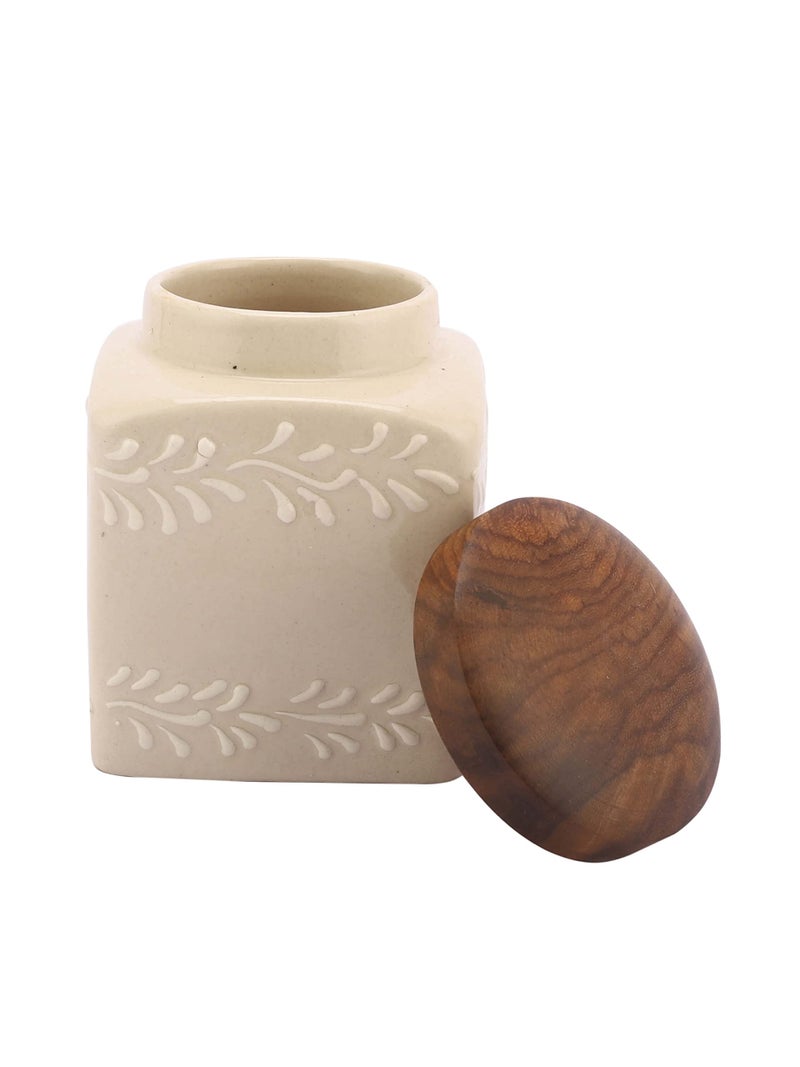 miah decor Ceramic Food Storage Jar Ivory Canister Wooden Lid With Airtight Silicone Seal, Perfect For Tea, Coffee, Spices Or Snacks - Off White, (Size HxW:-4X3 inches;Volume:- 500 ml) - Image 4