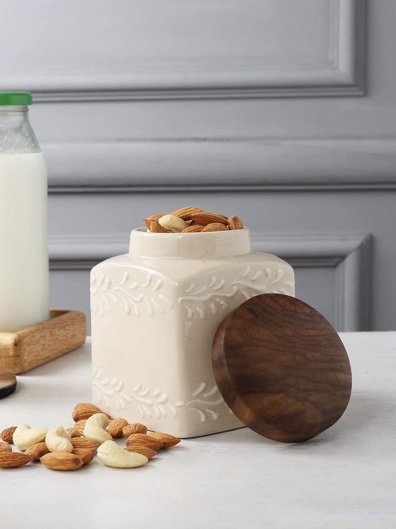 miah decor Ceramic Food Storage Jar Ivory Canister Wooden Lid With Airtight Silicone Seal, Perfect For Tea, Coffee, Spices Or Snacks - Off White, (Size HxW:-4X3 inches;Volume:- 500 ml) - Image 2