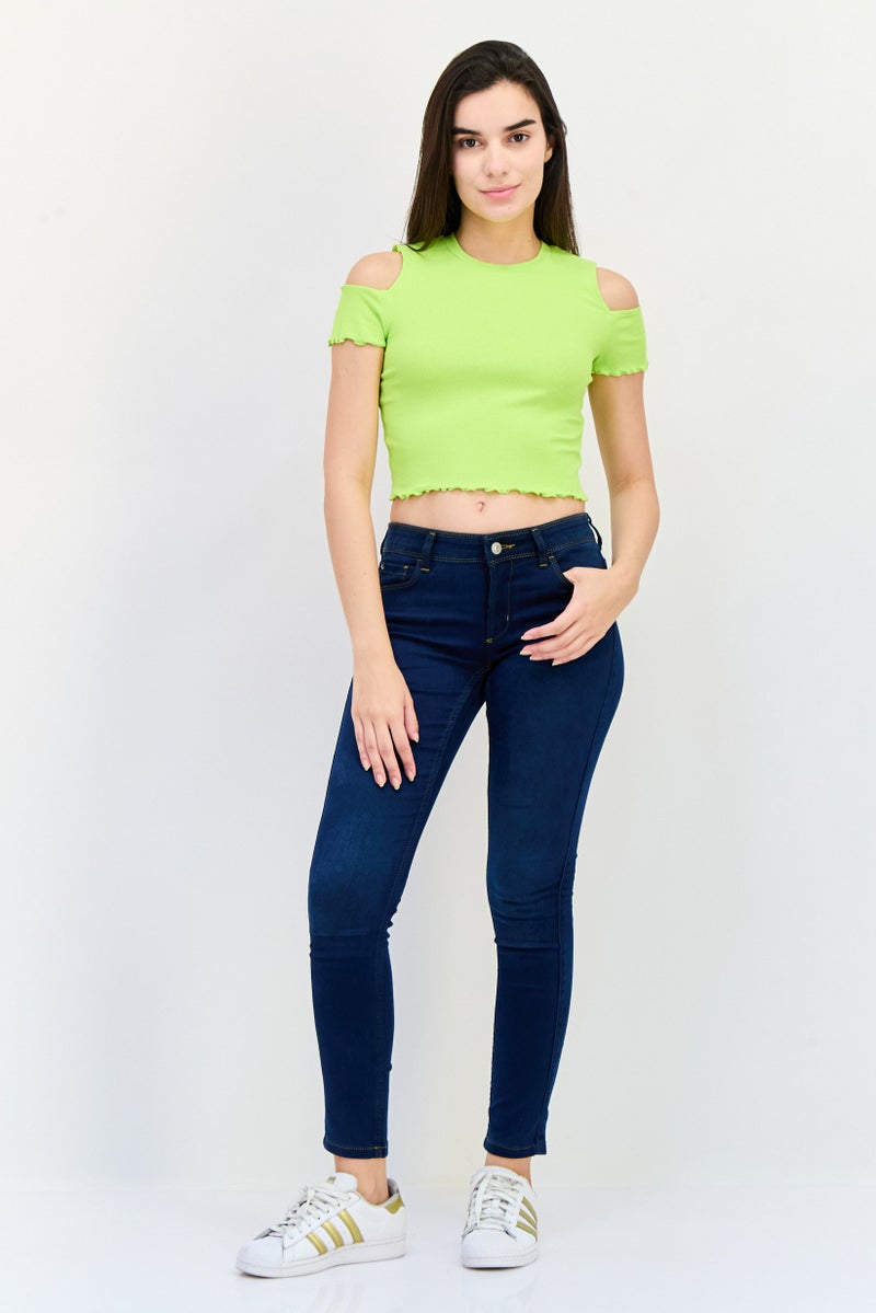 ONLY Women Crew Neck Cold Shoulder Ribbed Top, Lime Green - Image 4