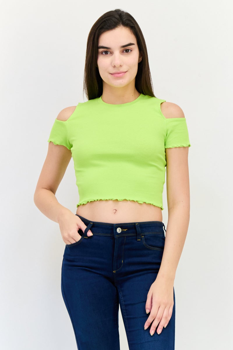 ONLY Women Crew Neck Cold Shoulder Ribbed Top, Lime Green - Image 1