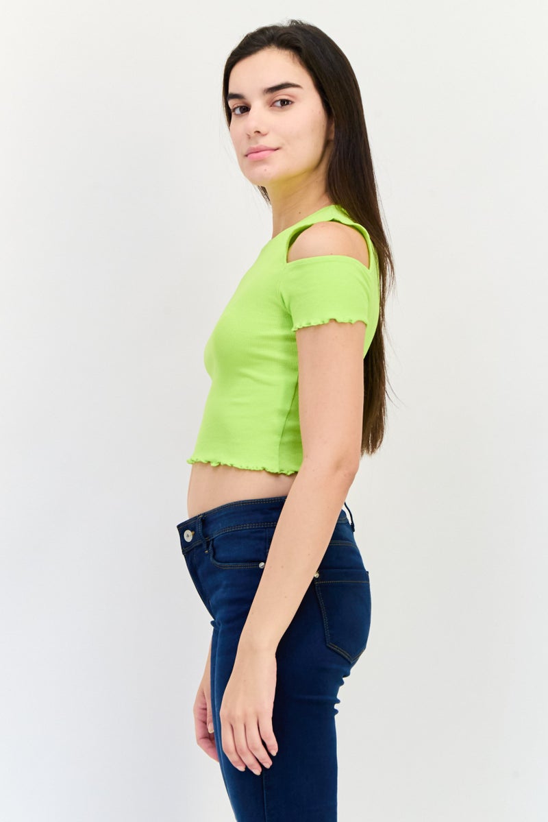 ONLY Women Crew Neck Cold Shoulder Ribbed Top, Lime Green - Image 2