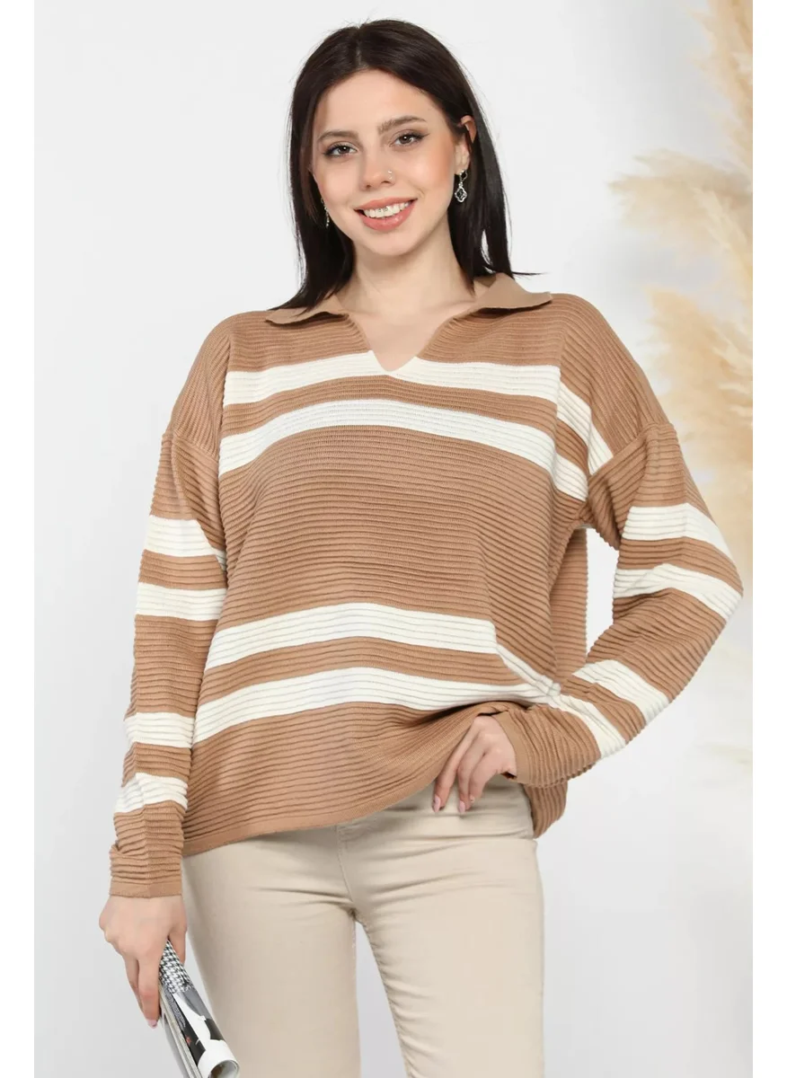 Gülseli Polo Collar Striped Women's Knitwear Sweater