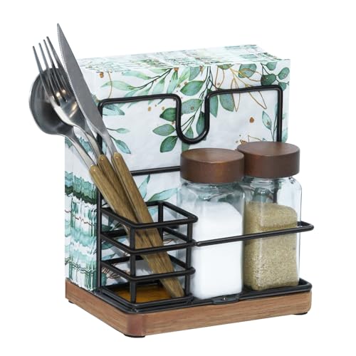 Guijinga Napkin Holder for Table Standing Napkin Holder with Salt and Pepper Shakers Acacia Wood Base Iron Build for Kitchen Dining Room Outdoor UseFork and knife not included - Image 1
