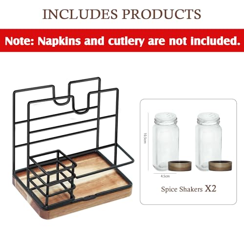 Guijinga Napkin Holder for Table Standing Napkin Holder with Salt and Pepper Shakers Acacia Wood Base Iron Build for Kitchen Dining Room Outdoor UseFork and knife not included - Image 3