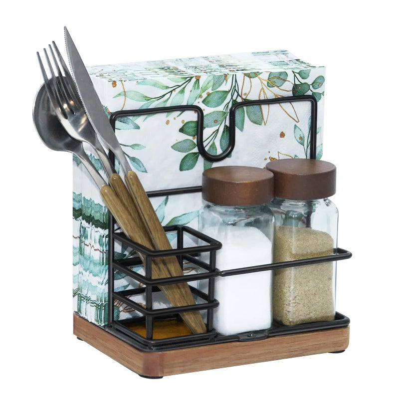 Guijinga Napkin Holder for Table Standing Napkin Holder with Salt and Pepper Shakers Acacia Wood Base Iron Build for Kitchen Dining Room Outdoor UseFork and knife not included - Image 2