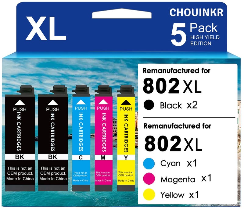 CHOUINKR 802XL Ink Cartridges Latest Upgrade Remanufactured for Epson 802XL Ink Cartridges Combo Pack (T802XL-BCS) Works with Workforce Pro WF-4720, WF-4730, WF-4734, WF-4740 (5er-Pack) - Image 1