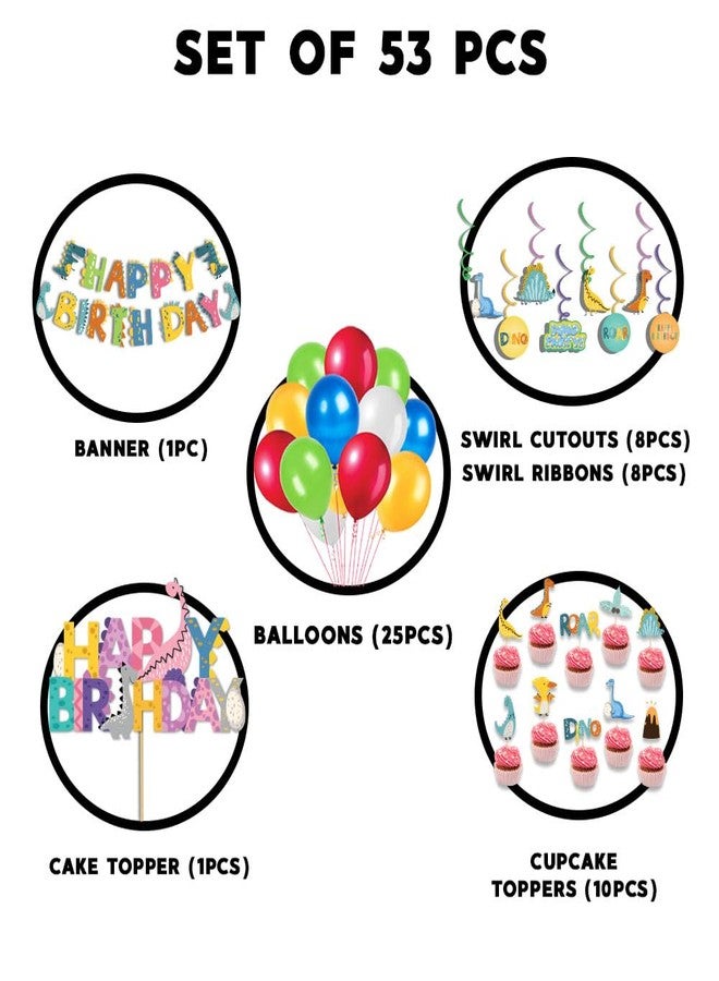 Festiko® Set of 53 Pcs Dino Theme Happy Birthday Combo (Banner, Swirls With Cutouts, Balloons, Cake & Cupcake Toppers), Dino Theme Decorations, Birthday Decoration Items - Image 2