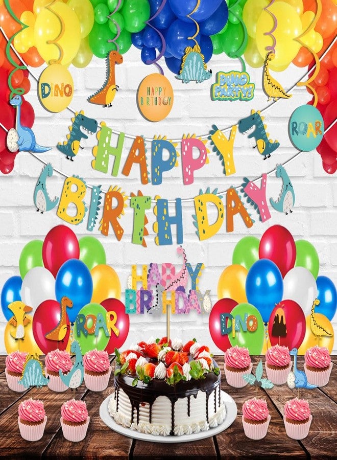 Festiko® Set of 53 Pcs Dino Theme Happy Birthday Combo (Banner, Swirls With Cutouts, Balloons, Cake & Cupcake Toppers), Dino Theme Decorations, Birthday Decoration Items - Image 3
