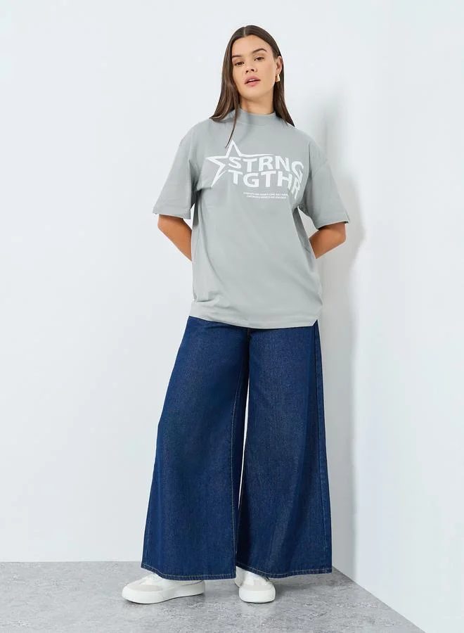 Styli Styli Grey Slogan Print Relaxed Fit T-Shirt