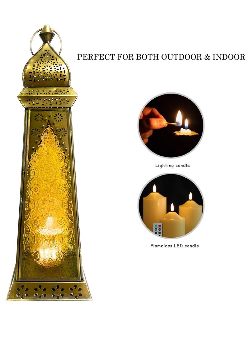 سوق ديزاينز فانوس رمضان - فوانيس شموع معدنية للديكور، مجموعة فوانيس عربية كبيرة للداخل والخارج، ديكورات رمضان وديوالي، شرفة وطاولة مربعة باللون الأخضر والأصفر، قطعة واحدة - Image 4