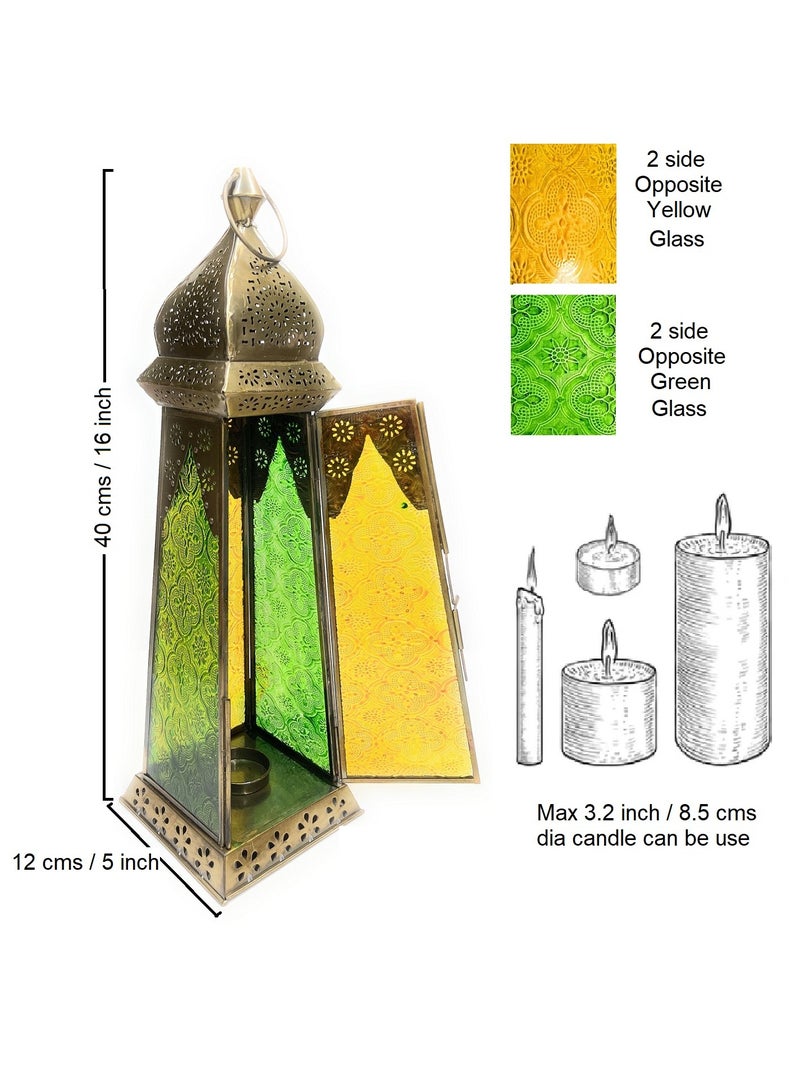 سوق ديزاينز فانوس رمضان - فوانيس شموع معدنية للديكور، مجموعة فوانيس عربية كبيرة للداخل والخارج، ديكورات رمضان وديوالي، شرفة وطاولة مربعة باللون الأخضر والأصفر، قطعة واحدة - Image 5