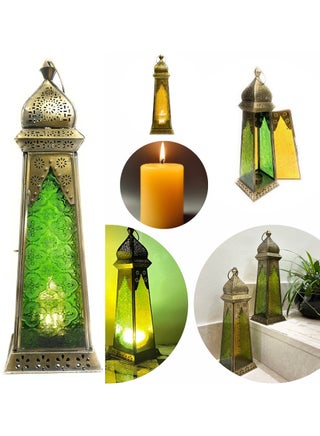 Ramadan Lantern – Metal Candle Lanterns for Decor, Large Arabic Lantern Set for Indoor Outdoor Fanoos, Ramadan & Diwali Decorations, Balcony & Table Square with Green Yellow 1 pc