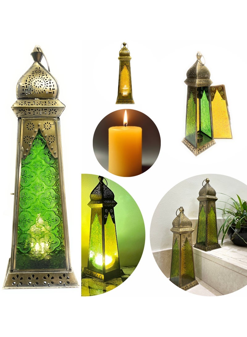 سوق ديزاينز فانوس رمضان - فوانيس شموع معدنية للديكور، مجموعة فوانيس عربية كبيرة للداخل والخارج، ديكورات رمضان وديوالي، شرفة وطاولة مربعة باللون الأخضر والأصفر، قطعة واحدة - Image 1