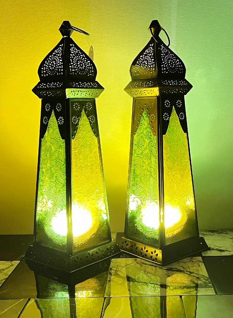 سوق ديزاينز فانوس رمضان - فوانيس شموع معدنية للديكور، مجموعة فوانيس عربية كبيرة للداخل والخارج، ديكورات رمضان وديوالي، شرفة وطاولة مربعة باللون الأخضر والأصفر، قطعة واحدة - Image 2