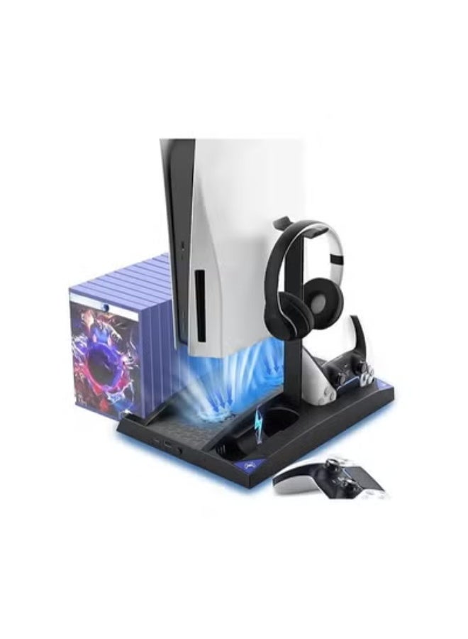 حامل بلاي ستيشن 5 مع مروحة تبريد وقاعدة شحن مزدوجة لوحدات التحكم وتخزين 17 لعبة – عملي ومنظم لعشاق الألعاب - Image 3