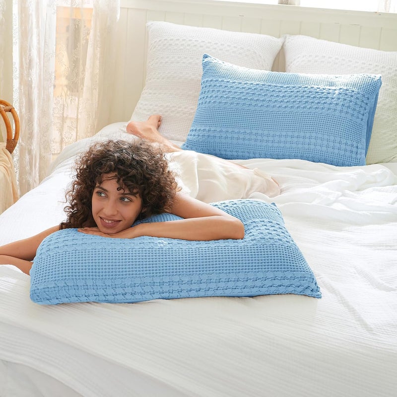 PHF Waffle Weave Pillow Shams King Size, 2 Pack 100% Cotton Pillowcases 20" x 36", No Insert, Soft & Breathable Aesthetic Woven Pillow Case Covers for Bedroom Decor, Sky Blue - Image 2