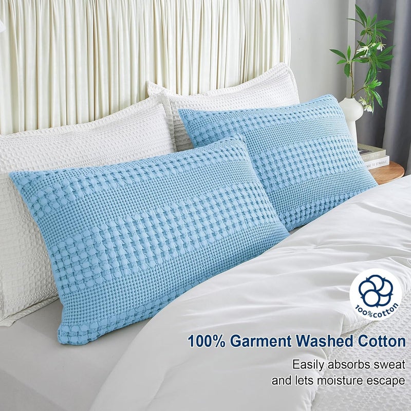 PHF Waffle Weave Pillow Shams King Size, 2 Pack 100% Cotton Pillowcases 20" x 36", No Insert, Soft & Breathable Aesthetic Woven Pillow Case Covers for Bedroom Decor, Sky Blue - Image 3