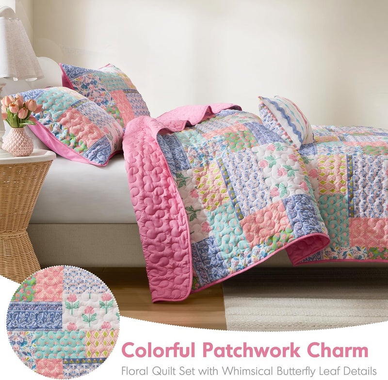 Intelligent Design Twin/Twin XL Pink Floral Patchwork Quilt Set, Reversible Teen Girls Lightweight Boho Bedding Coverlet with Sham & Decorative Pillow - Image 2