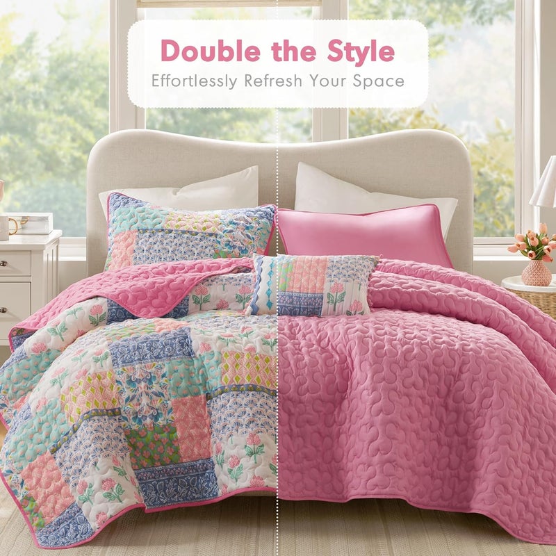 Intelligent Design Twin/Twin XL Pink Floral Patchwork Quilt Set, Reversible Teen Girls Lightweight Boho Bedding Coverlet with Sham & Decorative Pillow - Image 3