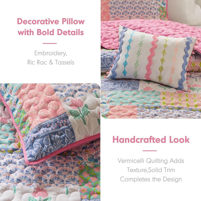 Intelligent Design Twin/Twin XL Pink Floral Patchwork Quilt Set, Reversible Teen Girls Lightweight Boho Bedding Coverlet with Sham & Decorative Pillow - Image 5