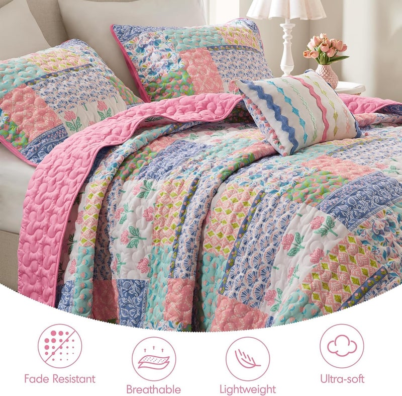 Intelligent Design Twin/Twin XL Pink Floral Patchwork Quilt Set, Reversible Teen Girls Lightweight Boho Bedding Coverlet with Sham & Decorative Pillow - Image 4