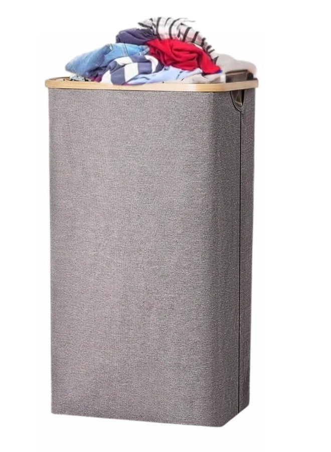 100L Large Laundry Basket for Dirty Clothes with Bamboo Handle, Foldable Laundry Basket for Bedroom, Bathroom, Laundry Room (Grey) - Image 1