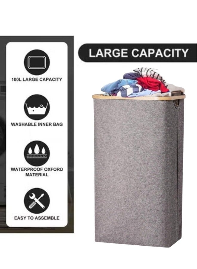100L Large Laundry Basket for Dirty Clothes with Bamboo Handle, Foldable Laundry Basket for Bedroom, Bathroom, Laundry Room (Grey) - Image 4